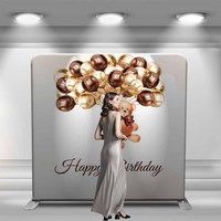 Backdrop Fotografi Portabel 8ft Hijau Kustom, Kain Tension dengan Rangka Aluminium untuk Pajangan Dinding Bunga dan Ulang Tahun