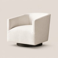 Fauteuil pivotant moderne en tissu ivoire, fauteuil de détente rembourré avec base ronde noire pour salon