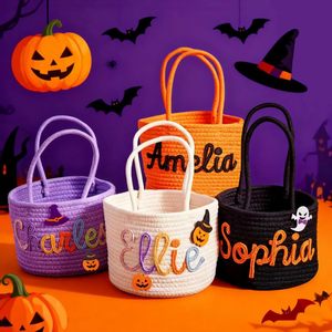 Personalized Baby Cute Cotton String Embroidered Candy Bucket Halloween Decor Trick or Treat Bag Decorations Halloween <b>Basket</b> - Product Image 3