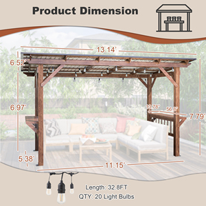 Pergola en <span class=keywords><strong>bois</strong></span> 13 x 6,5 pieds avec toit métallique, abri de patio avec guirlandes lumineuses, comptoirs latéraux, abri de barbecue <span class=keywords><strong>extérieur</strong></span> marron - Product Image 2