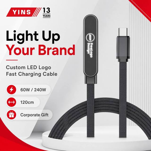 Custom LED Logo USB C Charging Cable 60W 240W Fast Charge Type C to C and A+C to C Cable for Corporate Promotional Gift