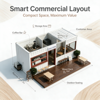 Restaurant en conteneur avec espace de restauration, restaurant modulaire préfabriqué en conteneur maritime avec comptoirs de restauration intérieurs et sièges en plein air