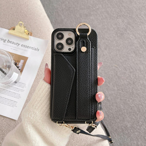 Étui de téléphone en cuir grainé Litchi avec bracelet porte-cartes pour <span class=keywords><strong>iPhone</strong></span> 16 15 13 12 Pro Max, housse à <span class=keywords><strong>bandoulière</strong></span> croisée - Product Image 4
