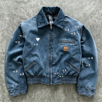 Blouson bomber en jean déchiré pour homme, coupe lourde, imprimé cœur, style rétro délavé, zippé, pour streetwear et tenue décontractée