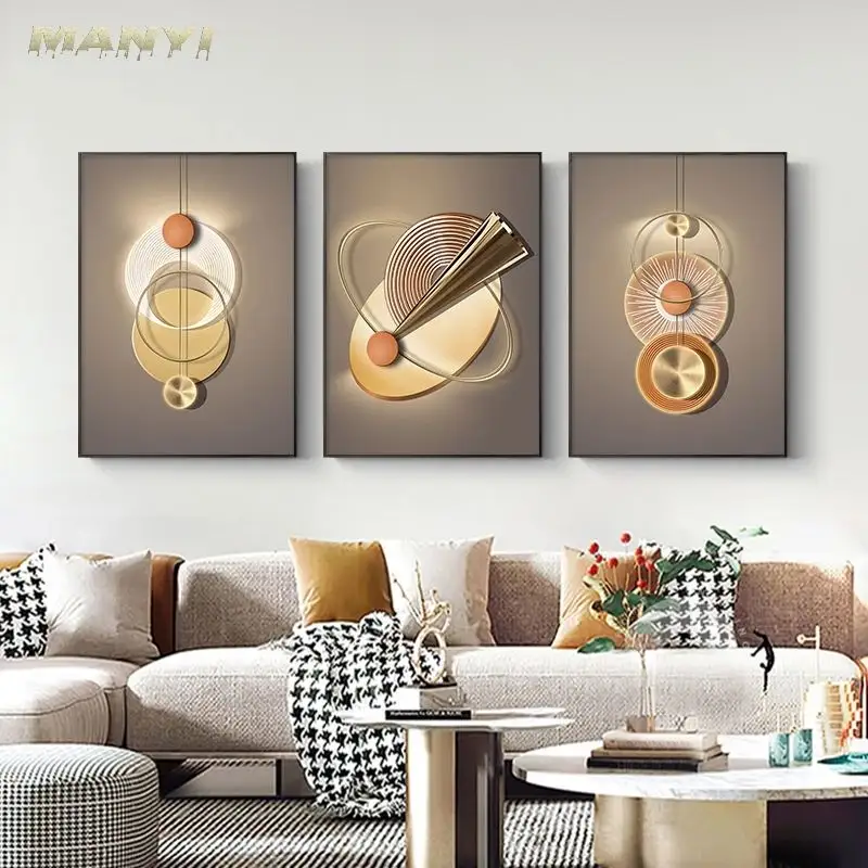 Framed Abstract Luxury Geometric Light Ring Wall Art Pictures and Posters Crystal Porcelain Painting For Home Living Room Decor