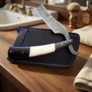 Navaja de Afeitar Recta de Acero de Damasco Marca ASAP con Mango de Bambú, Hoja Única, Funda de Cuero Negra, para Hombre - Product Image 5
