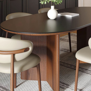 Bộ bàn ăn gỗ cổ điển hình oval, chân gỗ nguyên khối, mặt bàn đá sintered, dùng cho nhà hàng, nhà ở, ăn tối - Product Image 4