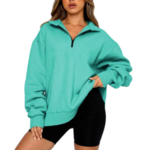 Women Oversized <b>Teal</b> Quarter-Zip Sweatshirt Full Sleeve Hooded Solid Color Knitted Breathable Waterproof 100% Cotton Winter Wear - Product Image 1