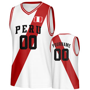 Maillot de basketball streetwear en gros, style drapeau du Pérou, 100 % polyester, col en V, décontracté, séchage rapide, respirant, antibactérien - Product Image 1