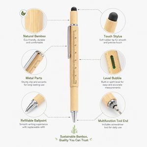 Bolígrafo Multifunción 6 en 1 de Bambú con Logotipo Personalizado, Ecológico, con Lápiz Táctil, Regla, Nivel, Destornillador y Herramienta Multiusos - Product Image 4