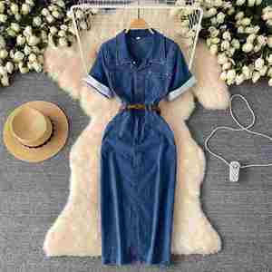 Robe longue décontractée en jean, élégante, tissée, respirante, écologique, antistatique, à col polo, avec fentes et ceinture, pour l'été – Vente en gros - Product Image 1