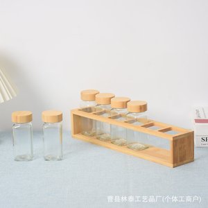 Estante giratorio de bambú para especias con botellas de vidrio y tapas de madera, organizador de condimentos para la cocina - Product Image 3