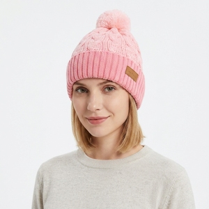 Cable Knit Pompom Beanie <strong>Fleece</strong> <strong>Lined</strong> Soft Acrylic Knitted <strong>Hat</strong> Warm Winter Cap for Outdoor Skiing Custom Leather Patch Thick Cap - Product Image 3