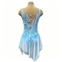 Robe de patinage artistique 3D à motif floral dégradé bleu clair et blanc, sans manches, dos ouvert en maille, costume de danse sur glace pour adultes et enfants