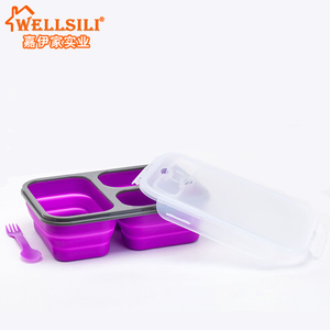 Fiambrera de silicona plegable ecológica, contenedor de alimentos sin BPA, 3 compartimentos, bento con horquilla, gran oferta de fábrica - Product Image 4
