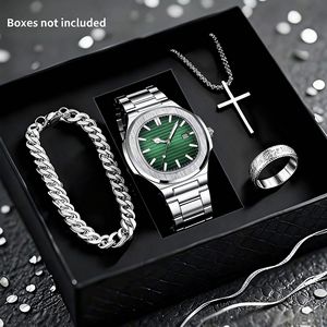 <span class=keywords><strong>Set</strong></span> Regalo da <span class=keywords><strong>Uomo</strong></span> 4 Pezzi: Orologio al Quarzo Quadrato in Acciaio Inossidabile di Lusso, <span class=keywords><strong>Bracciale</strong></span>, <span class=keywords><strong>Collana</strong></span> a Croce - Vendita all'Ingrosso - Product Image 4