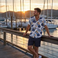 Chemise Hawaïenne Homme Personnalisée OEM ODM, en Polyester à Imprimé Feuilles Tropicales, Col Camp, Coupe Décontractée pour Sports de Plein Air et Vacances