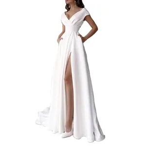 Modest V-Neck Wedding Dress for Women Fashion Short Sleeve Sweep Train Side Slit A Line Bridal Gown with Pockets Custom Made
