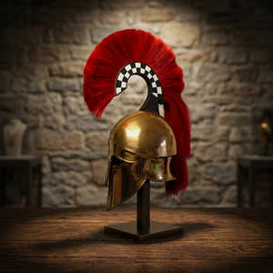 Casco de caballero medieval griego con armadura corintia y pluma roja - Product Image 1