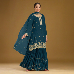 Salwar Kameez de Rayón Teal para Mujer con Bordado y Dupatta, Traje Tradicional Indio-Pakistaní, Largo hasta el Suelo, Corte Holgado - Product Image 1