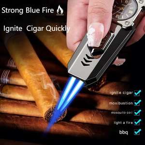 Accendino per orologio da sigari in metallo riutilizzabile doppio getto blu dritto - Product Image 2