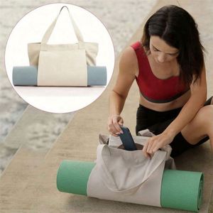 Wholesale Custom Logo <b>Foldable</b> Sports Reusable Beach Shoulder Cotton Canvas Cloth Yoga Mat Tote <b>Bag</b> With Pockets - Product Image 4
