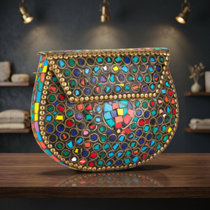 Latest Arrival Multicolor Brass Inlays <b>Handbag</b> Circular Inlay Design Chain Strap For Women Ethnic Party Look Mosaic Purse Set - Product Image 1