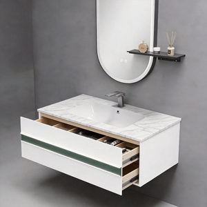 Conjunto de Mueble de Baño con <span class=keywords><strong>Lavabo</strong></span> Integrado sin Juntas, Estilo Crema, con Encimera de Piedra Blanca - Product Image 3