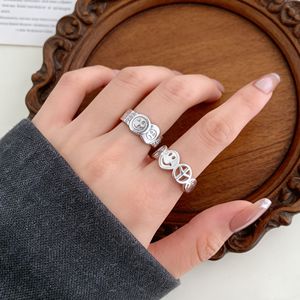 S925 Sterling <b>Silver</b> Hollow Smiley Face <b>Ring</b> For Women Simple <b>Adjustable</b> Design Gift Jewelry - Product Image 1