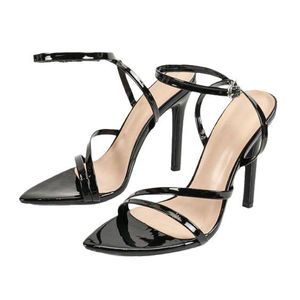 Black Patent Leather Pointed Toe Heeled <b>Sandals</b> With Stiletto Heel And Buckle Closure Elegant Style All Seasons Wear - Product Image 3