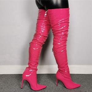 Bottes hautes sexy en cuir verni couleur bonbon avec fermeture éclair arrière pour femme, talon aiguille, bout pointu, bottes longues jusqu'au cuisse, grandes tailles - Product Image 4