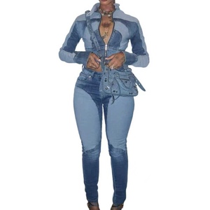 Ensemble 2 pièces décontracté pour femme : haut et pantalon en jean délavé, patchwork color-block, ultra-extensible et sexy - Product Image 2