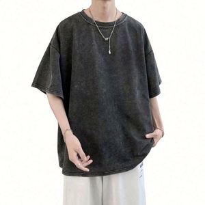 T-shirt Vintage Streetwear Homme Oversize en Coton Lourd Tricoté Uni Délavé à l'Acide avec Logo Personnalisé – Vente en Gros - Product Image 2