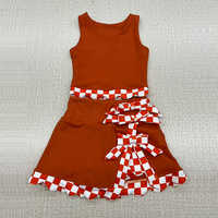 Ensemble 2 pièces personnalisé pour femmes et jeunes filles, style sport, à carreaux vichy, avec robe sans manches et jupe à volants, en satin, coupe moulante, très élastique, style estival et élégant
