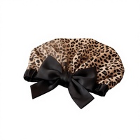 Topi Tidur Satin Motif Macan Tutul Ukuran Besar untuk Wanita, Topi Malam dengan Hiasan Pita Lebar untuk Tidur