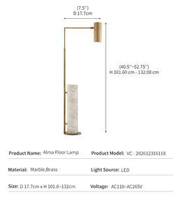 Lámpara de Pie Moderna de Lujo para Decoración de Sala de Estar de Hotel, Base Cilíndrica de Mármol Real, Luz de Lectura Ajustable de Latón, Lámpara de Pie <span class=keywords><strong>Alma</strong></span> - Product Image 4
