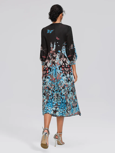 Robe midi plissée à imprimé floral bleu 2026 pour <span class=keywords><strong>femme</strong></span>, col rond, manches lanternes 3/4, coupe trapèze, <span class=keywords><strong>style</strong></span> décontracté <span class=keywords><strong>bohème</strong></span> - Product Image 5