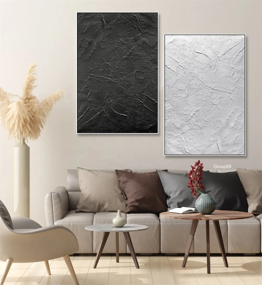2 Panels Creative Canvas Handmade Wall Art Minimalist Black And White Modern Abstract Art Painting For Living Room Decor