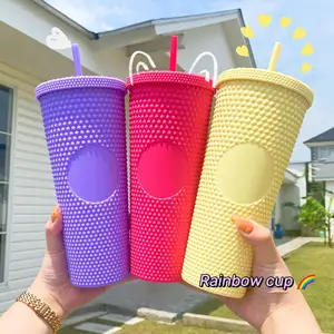 Portátil quente diy durian forma multi cor glitter diamante caneca iridescente fosco arco-íris 24oz studded tumbler copo frio de plástico