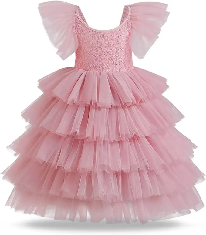 Hot Selling Ruffle Sleeve With Layers Tulle Dresses V Shape Neck Puffy Lace Girl Dress For Size 8 Year
