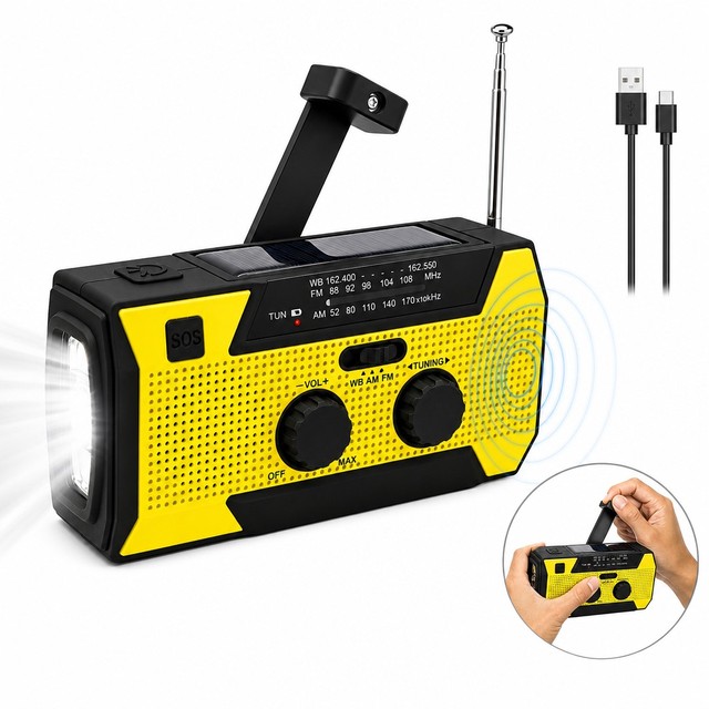 NOAA Weather Alert Solar Hand Crank 5000mAh Rechargeable Power Bank LED Flashlight Portable Home Emergency Kit Radio