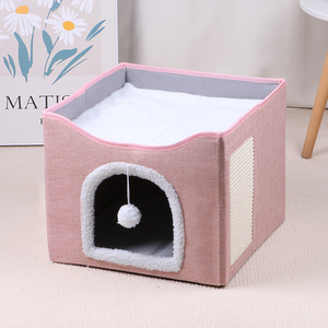 Multi Small Pet Bed Cave Foldable Cube Shape Cat Houses & Condos avec Fluffy Ball Hanging and Scratch Pad - Product Image 3