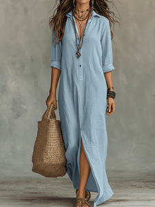 Robe longue décontractée pour femme, col licou, couleur unie, fente avant, respirante et écologique, collection Printemps/Été 2026, style européen et américain - Product Image 1