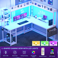 Bureau d'ordinateur réversible en forme de L pour bureau à domicile avec prise de courant Lumière LED Hutch Monitor Stand Étagères de rangement-pour l'écriture de jeu