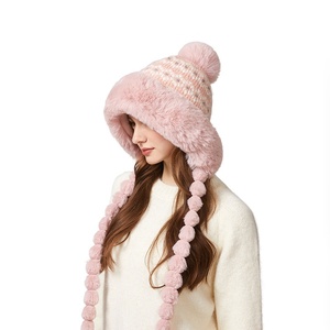 Chapeau tricoté jacquard épais et chaud d'hiver avec velours pour <span class=keywords><strong>femme</strong></span>, protection auditive en peluche mignonne, coupe-vent, avec <span class=keywords><strong>pompon</strong></span> - Product Image 5