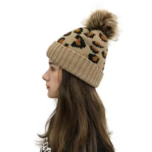 Manufacturer Designer Super Quality Removable Leopard Cool Skiing Cap Adult Knitted Winter Hat Pom Pom Knit Beanie