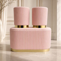 Ensemble de tabourets de vanité en velours rose de style nordique, tabouret rond décoratif plissé de luxe et banc avec bordure en métal doré pour le salon