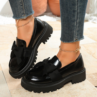 Mocassins à nœud pour femme, semelle compensée, plateforme épaisse, bout rond, style preppy, chaussures d'uniforme scolaire, noirs