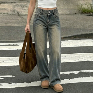 Jean décontracté coupe droite et large, style vintage américain, délavé, taille mi-haute, double boutonnage, polyvalent pour le streetwear - Product Image 5