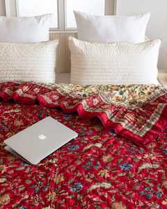 Ruby Red Beige Cotton <b>Quilt</b> Hand Block Printed Reversible Jaipuri Razai King <b>Bedding</b> Set - Product Image 3